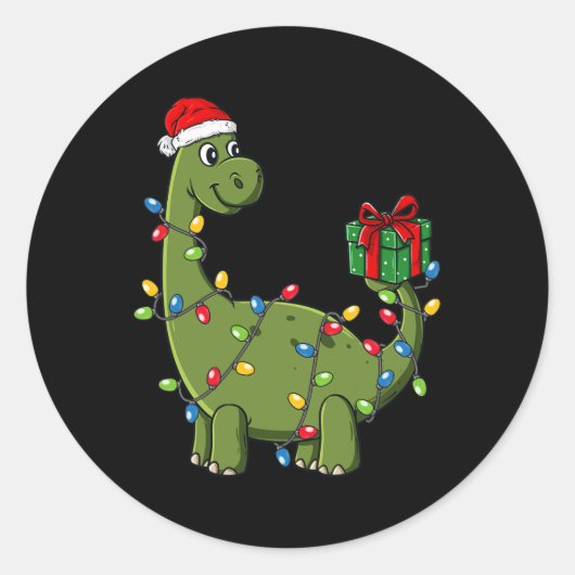 Kerstmis Dinosaurus met Lichten Leuke Jongens Kind Ronde Sticker (Voorkant)