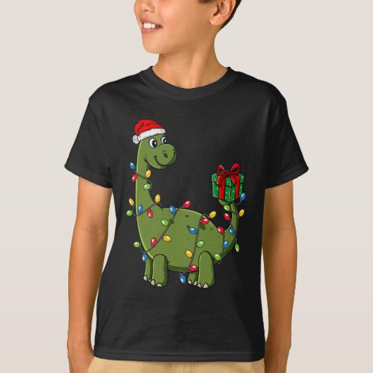 Kerstmis Dinosaurus met Lichten Leuke Jongens Kind T-shirt (Voorkant)