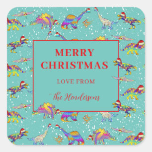 Kerstmis Dinosaurus Patroon voeg familienaam toe Vierkante Sticker