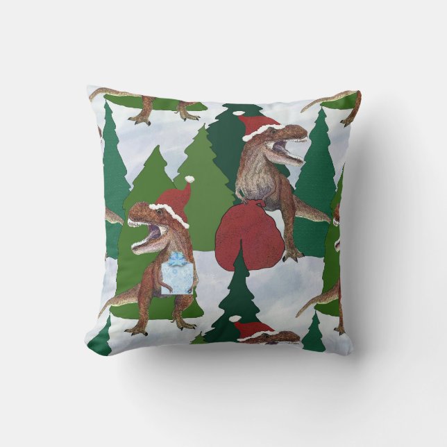 Kerstmis Dinosaurus T-Rex Kerstman Kussen (Voorkant)