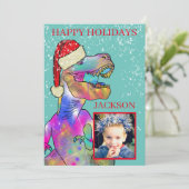 Kerstmis Dinosaurus T-Rex met een kerstmuts Foto Feestdagenkaart (Staand voorkant)