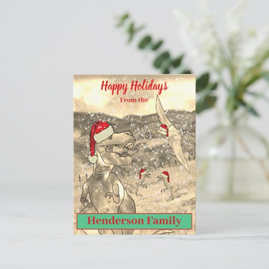 Kerstmis Dinosaurussen Grappige T Rex Kerstman Fam Feestdagenkaart (Staand voorkant)