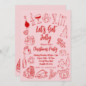 Kerstmis Doodle Uitnodiging, Roze en Rode Uitnodig Kaart (Voorkant / Achterkant)