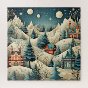 Kerstmis dorp dennenbomen sneeuw retro vintage legpuzzel