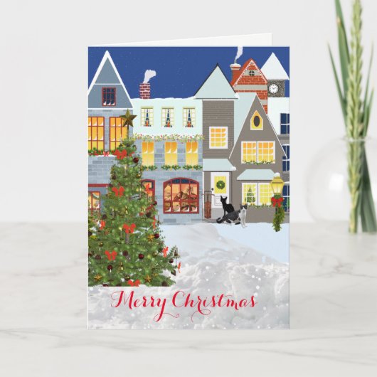 Kerstmis dorp en boom groet binnen kaart (Voorkant)