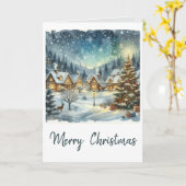 Kerstmis dorp in waterverf vakantiedagen kaart (Gele Bloem)