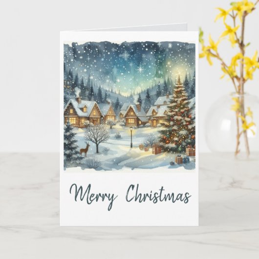 Kerstmis dorp in waterverf vakantiedagen kaart (Gele Bloem)