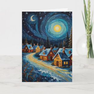 Kerstmis dorp met sterrenhemel en aangepaste tekst kaart