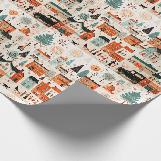 Kerstmis dorp Midden-Jaren 50 stijl Cadeaupapier (Hoek)