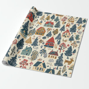 Kerstmis dorpspatroon in Navy Rood Woodland Cadeaupapier