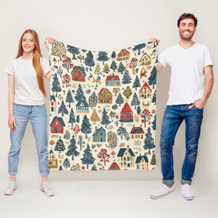 Kerstmis dorpspatroon in Navy Rood Woodland Fleece Deken