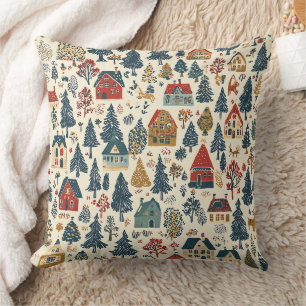 Kerstmis dorpspatroon in Navy Rood Woodland Kussen