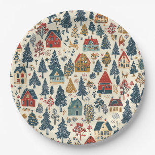 Kerstmis dorpspatroon in Navy Rood Woodland Papieren Bordje