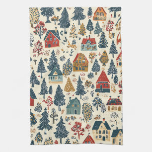 Kerstmis dorpspatroon in Navy Rood Woodland Theedoek