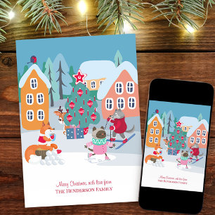 Kerstmis Dorpsplein met Bosdieren Feestdagenkaart