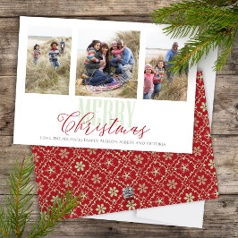 Kerstmis Drie Foto Red Green Snowflake Feestdagenkaart