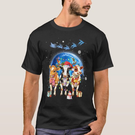 Kerstmis Drie Koe Kerstmis Kerstman Hoed Maan Kers T-shirt (Voorkant)