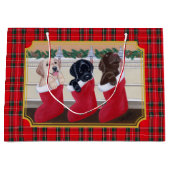Kerstmis Drie Labrador Puppies Tartan Groot Cadeauzakje (Voorkant)