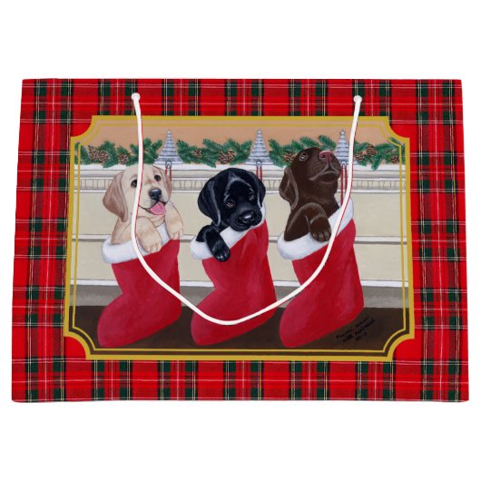Kerstmis Drie Labrador Puppies Tartan Groot Cadeauzakje (Voorkant)