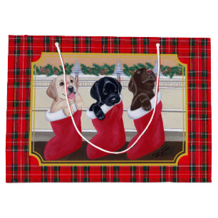 Kerstmis Drie Labrador Puppies Tartan Groot Cadeauzakje