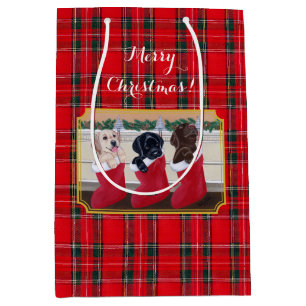Kerstmis Drie Labrador Puppies Tartan Medium Cadeauzakje