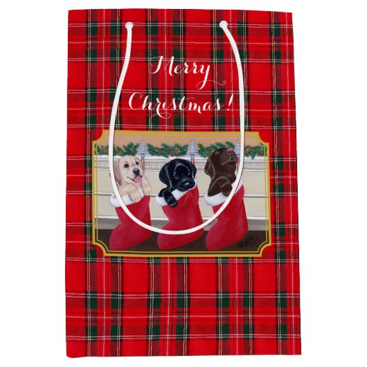 Kerstmis Drie Labrador Puppies Tartan Medium Cadeauzakje (Voorkant)