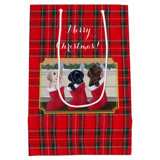 Kerstmis Drie Labrador Puppies Tartan Medium Cadeauzakje (Achterkant)
