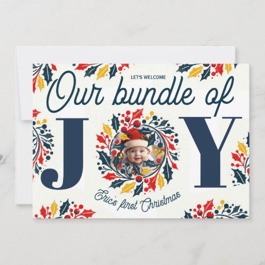 Kerstmis driekleurige JOY krans voor baby's eerste Feestdagenkaart (Voorkant)