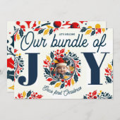 Kerstmis driekleurige JOY krans voor baby's eerste Feestdagenkaart (Voorkant / Achterkant)