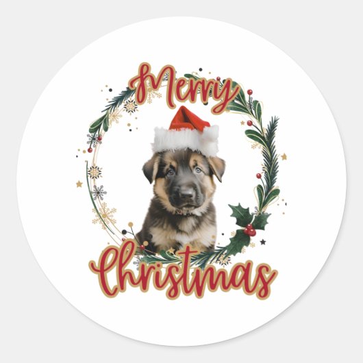 Kerstmis Duitse Herder in Santa Hat Ronde Sticker (Voorkant)