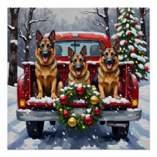 Kerstmis Duitse Herder Rode Truck Vakantie Perfect Poster