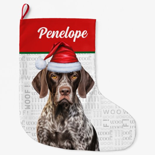 Kerstmis Duitse Staande Hond met Naam Woof Grote Kerstsok (Voorkant)
