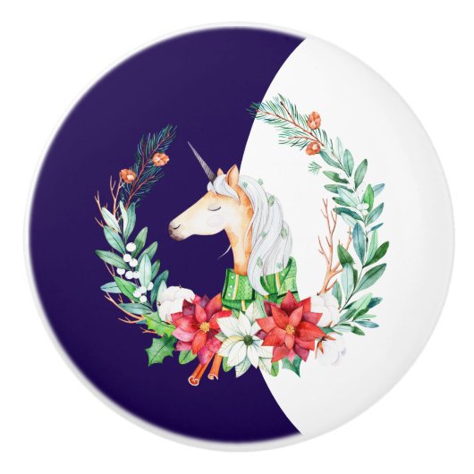 Kerstmis, eenhoorn en poinsettia keramische knop (Voorkant)