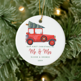 Kerstmis eerste kerstfoto van Cute Red Car Keramisch Ornament