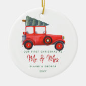 Kerstmis eerste kerstfoto van Cute Red Car Keramisch Ornament (Voorkant)