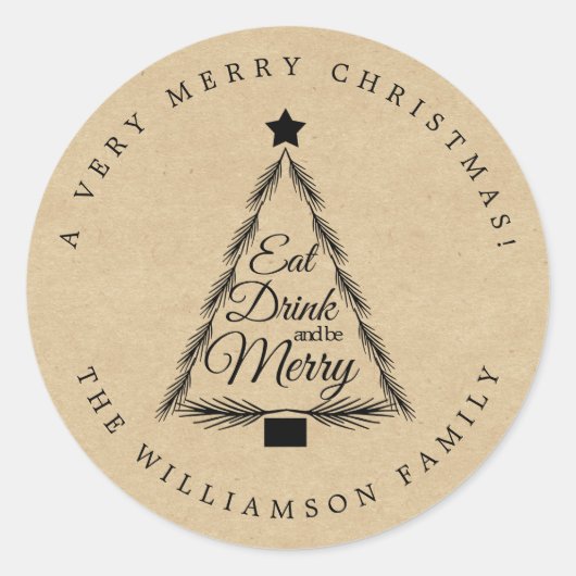 Kerstmis Eet Drink Vrolijk Naam Kraft Enveloppe Sl Ronde Sticker (Voorkant)