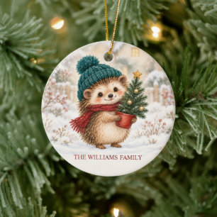 Kerstmis egel met naam voor familie keramisch ornament