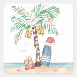 Kerstmis Eiland Palm Surf Kerstman Tropisch Strand Vierkante Sticker