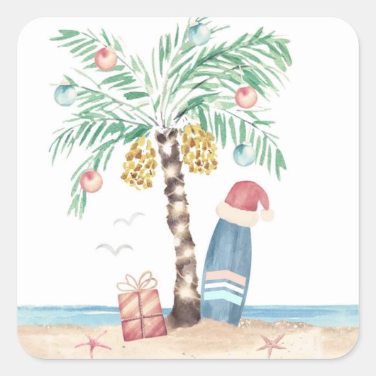 Kerstmis Eiland Palm Surf Kerstman Tropisch Strand Vierkante Sticker (Voorkant)