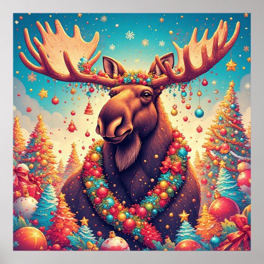 Kerstmis eland versierd met kerstversiering poster (Voorkant)