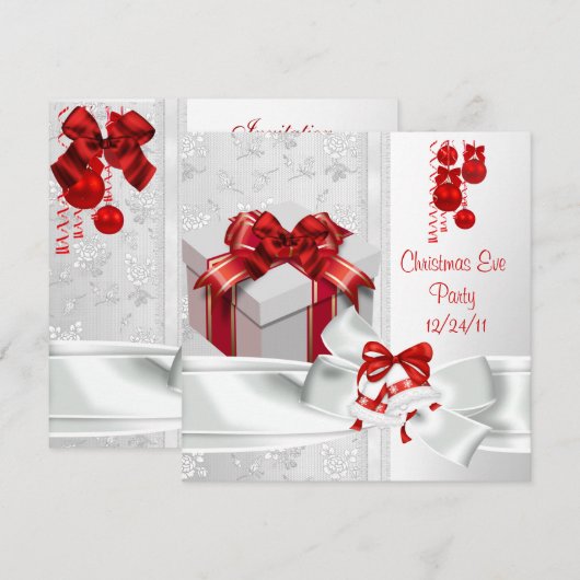 Kerstmis: Elegant Lace White Red Ribbon Kaart (Voorkant / Achterkant)