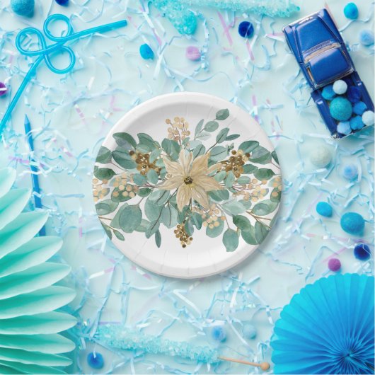 Kerstmis Elegant White Poinsettia Eucalyptus Papieren Bordje (Feest)