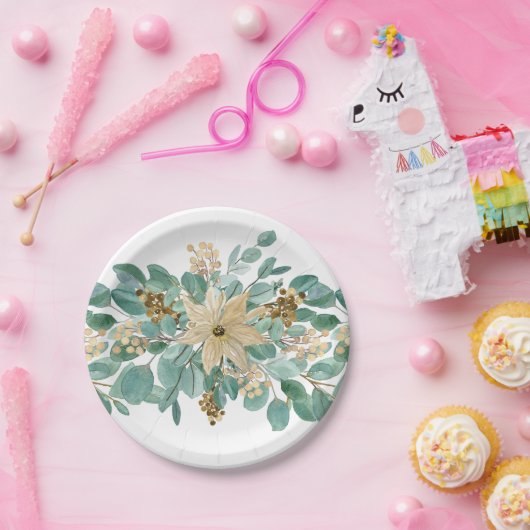 Kerstmis Elegant White Poinsettia Eucalyptus Papieren Bordje (Feest)