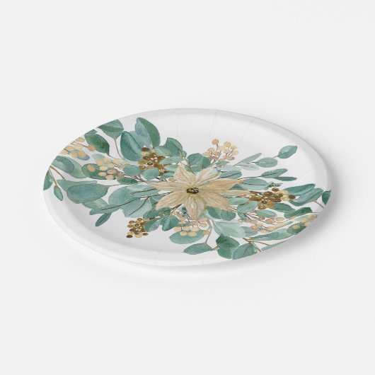 Kerstmis Elegant White Poinsettia Eucalyptus Papieren Bordje (Gekanteld)