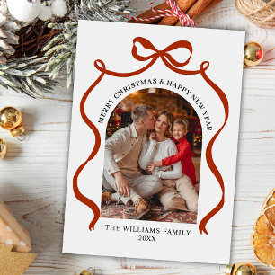 Kerstmis Elegante Rode Strik Foto Vakantiekaart Feestdagenkaart