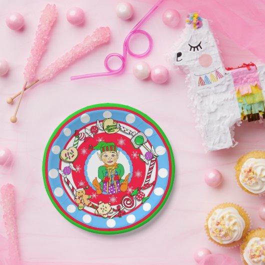 Kerstmis Elf Boy Whimsical Snoep Polka Dot Papieren Bordje (Feest)