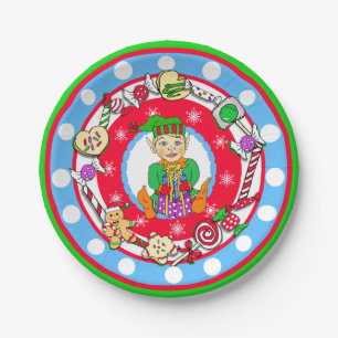 Kerstmis Elf Boy Whimsical Snoep Polka Dot Papieren Bordje
