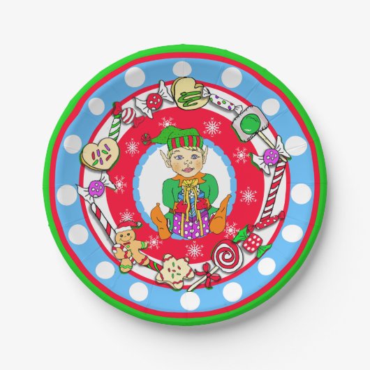 Kerstmis Elf Boy Whimsical Snoep Polka Dot Papieren Bordje (Voorkant)