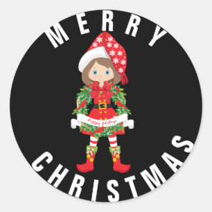 Kerstmis, Elf/Brunette/met Wreath/xMas Sticker
