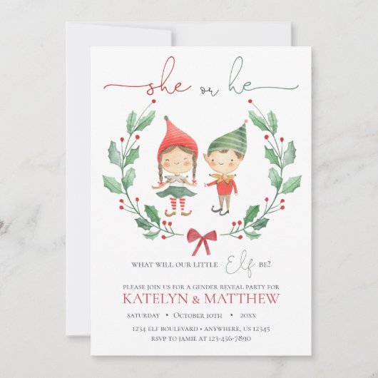 Kerstmis Elf Gender Reopenbaart Uitnodiging (Voorkant)